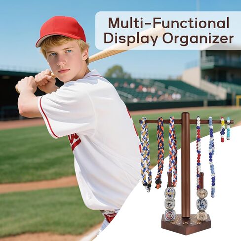 Baseball Necklace and Ring Display Holder, Wooden Sports Jewelry Organizer for Baseball or Softball Drip Pendants & Championship Rings, with 2 Gold Stickers for Custom Text in Saudi Arabia