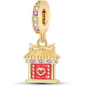S925 Sterling Silver Chinese Cultural Charm Collection - Red Enamel Gold Plated Dangle Pendants for Bracelets in Saudi Arabia
