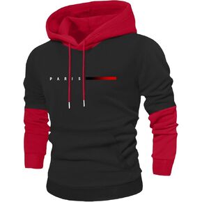 Men's Spring and Autumn Thin Letter Paris Print Fake Two-Piece Hooded Sweatshirt Contrast Color Sports for Husband in Kuwait