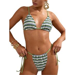 Women's Striped Triangle Bikini Set Tie Side 2 Piece Padded Ruched Halter Top Retro Y2K Beach Pool Party Swimwear in Kuwait