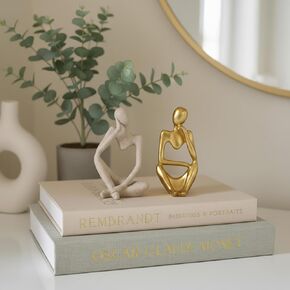 4 Pcs Decorative Books & Thinker StatueSet - Linen Boxes & Resin Sculptures Enhance Your Coffee Table, Bookshelf or Mantle Decor - Living or Entryway Home Decoration Aesthetic, Photo/Keepsake Storage in Saudi Arabia