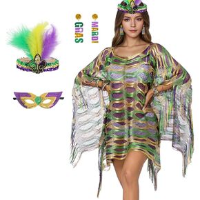 Aitsite 4Pcs Mardi Gras Outfit for Women,Shawl Scarf with Mardi Gras Accessories Including Mask Feather Headband Earrings in Saudi Arabia