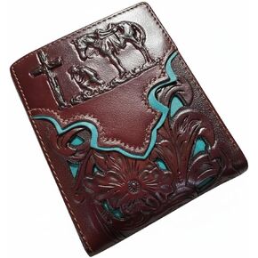 Men’s Short Leather Wallet – Embossed Cowboy Praying at Cross with Laser Cut Design – Christian Western Bifold Wallet for Ranchers, Cowboys & Faith-Based Gifts in Saudi Arabia