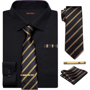 Mens Dress Shirt and Tie Set Soild Color Long Sleeve Button Down Wrinkle Free Shirts Formal Business Wedding in Kuwait