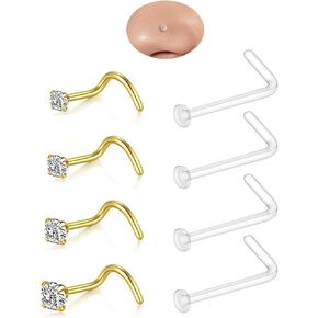 Hypoallergenic 8Pcs 20G Nose Ring Studs for Women, Gold/Silver 316L Surgical Stainless Steel Corkscrew Nose Studs L Shape Clear Nose Piercing Retainers Small Nose Ring CZ 1.5/2.0/2.5/3.0mm in Saudi Arabia