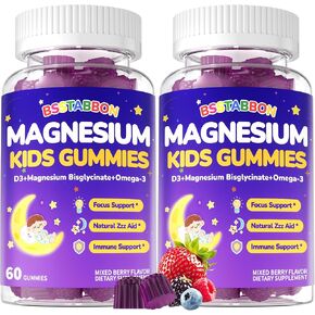 حلوى جليسينات المغنيسيوم 4+ للأطفال: قوة إضافية خالية من الميلاتونين ومغنيسيوم بيسجليسينات 100 مجم 200 مجم مكمل مع إل-ثيانين ب6 د3 أوميجا 3 للصحة العامة - مساعد Zzz للأطفال (120 قطعة) in Kuwait