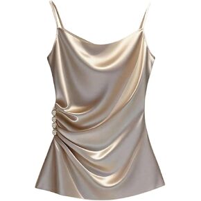 OYOANGLE Women's Ruched Button Side Silky Cami Top Spaghetti Strap Draped Elegant Shirts in Saudi Arabia