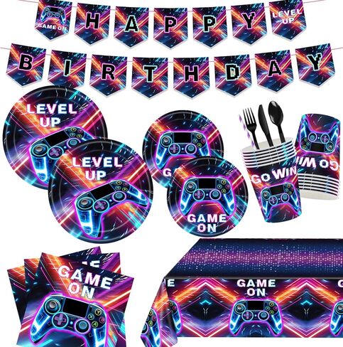 194 Pcs Neon Glow in the Dark Party Supplies Decorations Serve 24, Includes Plates, Napkins, Tablecloth, Banner, Ideal for Neon Themed Birthday Party in Saudi Arabia