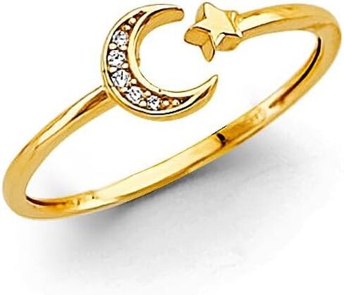 14k Two Tone Gold Moon & Star Open Ring in Saudi Arabia