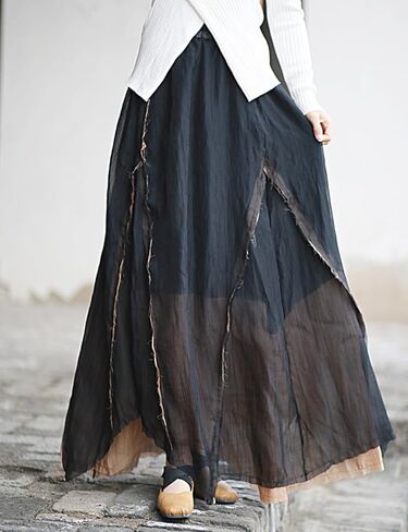 Ystylee Women Layered Long Skirt Elastic High Waist Patchwork Frayed Raw Irregular Skirt in Saudi Arabia