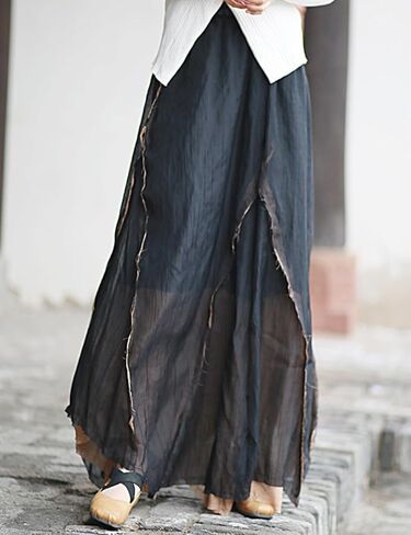 Ystylee Women Layered Long Skirt Elastic High Waist Patchwork Frayed Raw Irregular Skirt in Saudi Arabia