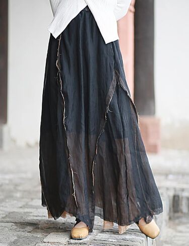 Ystylee Women Layered Long Skirt Elastic High Waist Patchwork Frayed Raw Irregular Skirt in Saudi Arabia