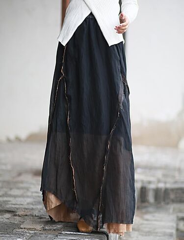Ystylee Women Layered Long Skirt Elastic High Waist Patchwork Frayed Raw Irregular Skirt in Saudi Arabia