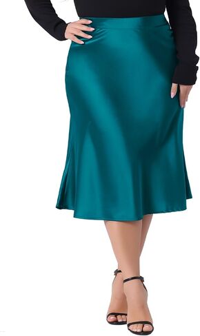 Agnes Orinda Plus Size Silky Satin Skirt for Women High Waist Hidden Elasticized Waistband Flared Casual a Line Midi Skirt in Saudi Arabia