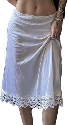 Women Y2k Sain Lace Trim Long Skirts High Waist Bodycon Midi Skirts Silky Lace Patchwork Maxi Skirts Streetwear in Saudi Arabia