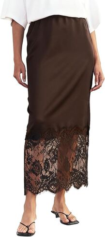 Women Y2k Sain Lace Trim Long Skirts High Waist Bodycon Midi Skirts Silky Lace Patchwork Maxi Skirts Streetwear in Saudi Arabia