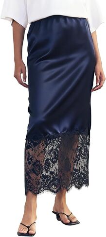 Women Y2k Sain Lace Trim Long Skirts High Waist Bodycon Midi Skirts Silky Lace Patchwork Maxi Skirts Streetwear in Saudi Arabia
