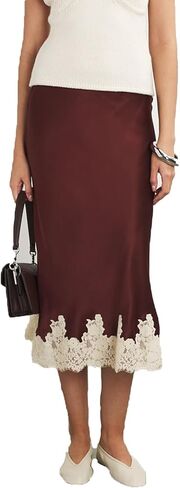 Women Y2k Sain Lace Trim Long Skirts High Waist Bodycon Midi Skirts Silky Lace Patchwork Maxi Skirts Streetwear in Saudi Arabia