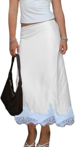 Women Y2k Sain Lace Trim Long Skirts High Waist Bodycon Midi Skirts Silky Lace Patchwork Maxi Skirts Streetwear in Saudi Arabia