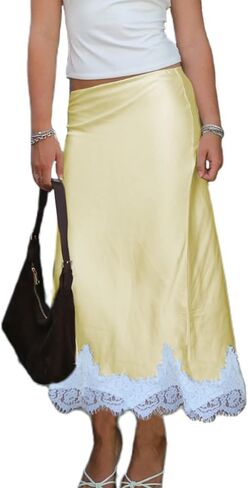 Women Y2k Sain Lace Trim Long Skirts High Waist Bodycon Midi Skirts Silky Lace Patchwork Maxi Skirts Streetwear in Saudi Arabia