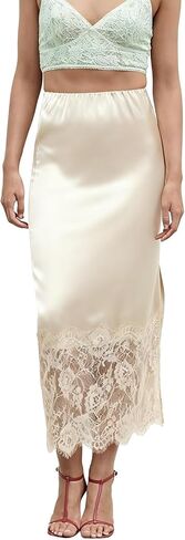 Women Y2k Sain Lace Trim Long Skirts High Waist Bodycon Midi Skirts Silky Lace Patchwork Maxi Skirts Streetwear in Saudi Arabia