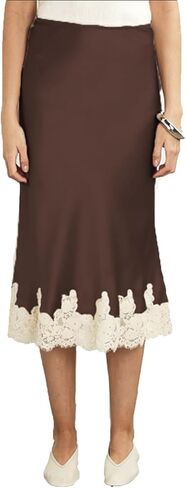 Women Y2k Sain Lace Trim Long Skirts High Waist Bodycon Midi Skirts Silky Lace Patchwork Maxi Skirts Streetwear in Saudi Arabia