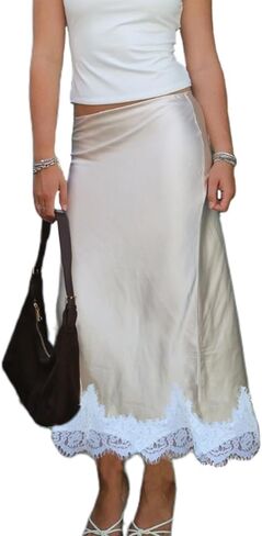 Women Y2k Sain Lace Trim Long Skirts High Waist Bodycon Midi Skirts Silky Lace Patchwork Maxi Skirts Streetwear in Saudi Arabia