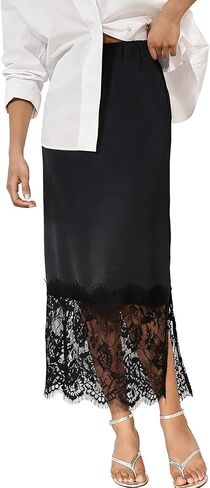 Women Y2k Sain Lace Trim Long Skirts High Waist Bodycon Midi Skirts Silky Lace Patchwork Maxi Skirts Streetwear in Saudi Arabia