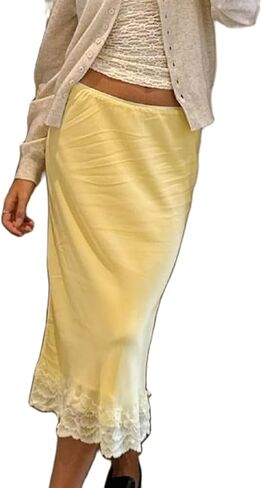 المرأة الساتان زلة تنورة الدانتيل تقليم مرونة الخصر التنانير الطويلة حريري Bodycon ألف خط كوكتيل حفلة ميدي تنورة in Saudi Arabia