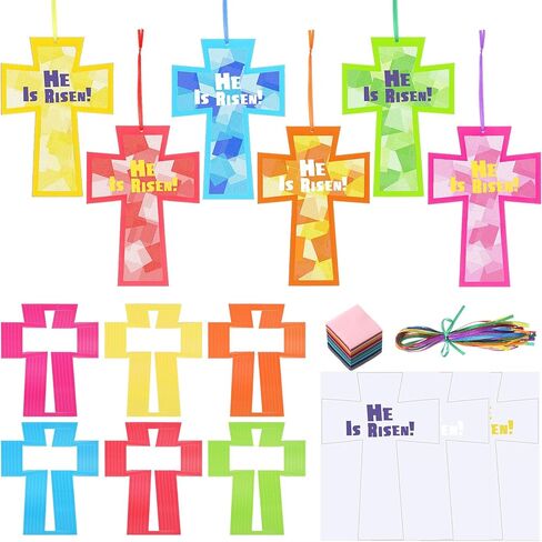Ctosree 24 Sets Easter He Lives Cross Crafts Kit Religious Cross DIY Tissue Paper Art for Easter Celebrations Ornaments Religious Sunday School Crafts Home Classroom Game Activities in Saudi Arabia