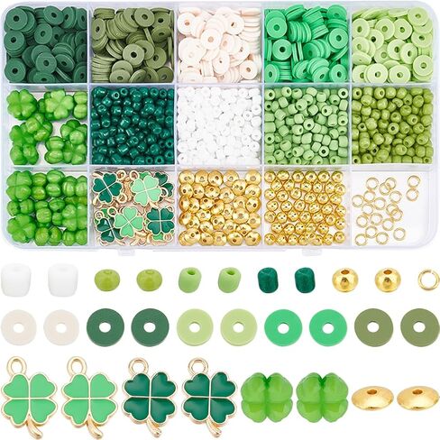 SUNNYCLUE Upgraded St Patrick Day Charms 8mm Green Beads Beading Kits Enamel Four Leaf Clover Charms Irish Shamrock Charm Opaque Transparent Acrylic Beads Elastic Thread for Jewelry Making Kits in Saudi Arabia