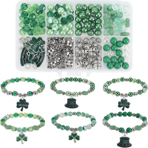 SUNNYCLUE 1 Box 246Pcs DIY 6 Sets Green Bracelet Kit St. Patrick's Day Irish Hat Charms Shamrock Charm Bulk Lucky Clover Charms Glass Spacer Beads for Jewelry Making Kits Adults Women Gifts Supplies in Saudi Arabia