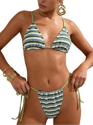 المرأة مخطط مثلث مجموعة البكيني التعادل الجانب 2 قطعة مبطن Ruched الرسن الأعلى ريترو Y2K شاطئ بركة ملابس السباحة الطرف in Kuwait