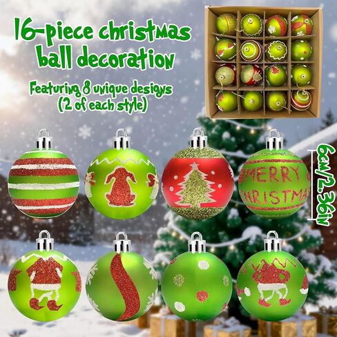 16 Pack Christmas Ball Ornaments for Tree, 2.4 Inch Red Green Glittering Plastic Elf Swirl Candy Cane Baubles Decor, Shatterproof Hanging Bulbs for Xmas Party Holiday Home Indoor Decorations in Saudi Arabia