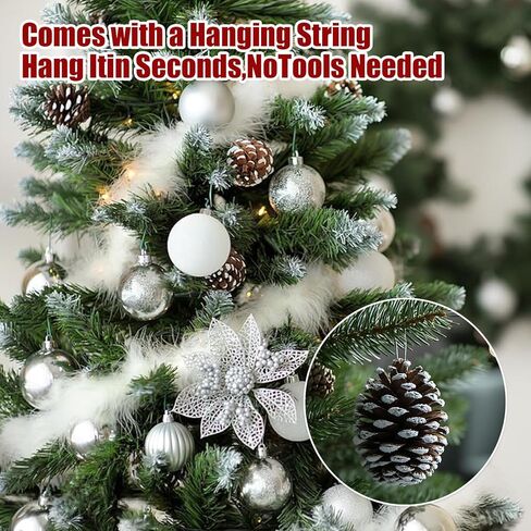 24 PCS Christmas Pine Cones Decorations - Pine Cones Ornaments in 3 Sizes with Strings for Table Tree Home DIY Gift Tag Wreath Garland Fall Wedding Decor (24, White) in Saudi Arabia