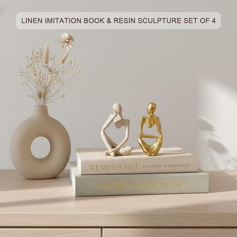 4 Pcs Decorative Books & Thinker StatueSet - Linen Boxes & Resin Sculptures Enhance Your Coffee Table, Bookshelf or Mantle Decor - Living or Entryway Home Decoration Aesthetic, Photo/Keepsake Storage in Saudi Arabia