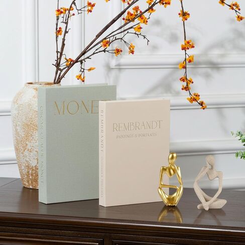 4 Pcs Decorative Books & Thinker StatueSet - Linen Boxes & Resin Sculptures Enhance Your Coffee Table, Bookshelf or Mantle Decor - Living or Entryway Home Decoration Aesthetic, Photo/Keepsake Storage in Saudi Arabia