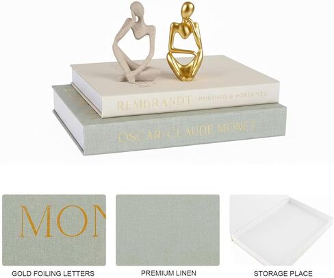 4 Pcs Decorative Books & Thinker StatueSet - Linen Boxes & Resin Sculptures Enhance Your Coffee Table, Bookshelf or Mantle Decor - Living or Entryway Home Decoration Aesthetic, Photo/Keepsake Storage in Saudi Arabia