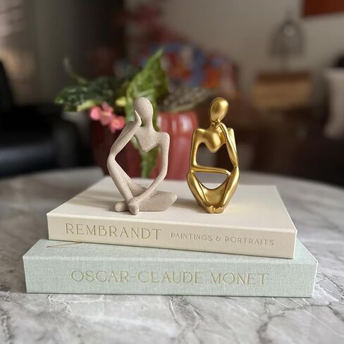 4 Pcs Decorative Books & Thinker StatueSet - Linen Boxes & Resin Sculptures Enhance Your Coffee Table, Bookshelf or Mantle Decor - Living or Entryway Home Decoration Aesthetic, Photo/Keepsake Storage in Saudi Arabia
