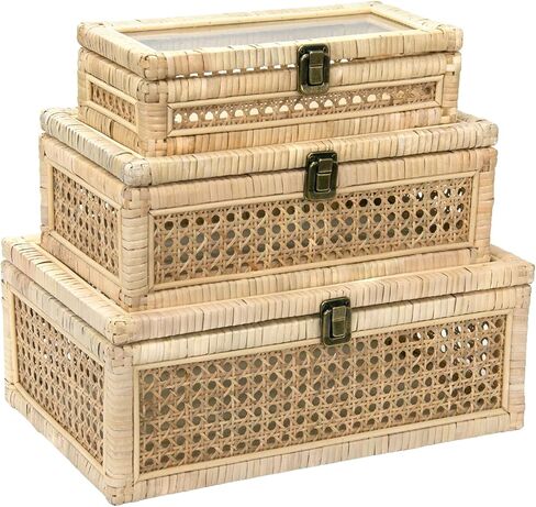 صناديق عرض Boho Rattan مع أغطية الروطان، 3 قطع سلة قصب كبيرة منسوجة يدويًا، صناديق تخزين منظمات ديكور المنزل، صناديق عرض ذات لمسة نهائية طبيعية in Kuwait