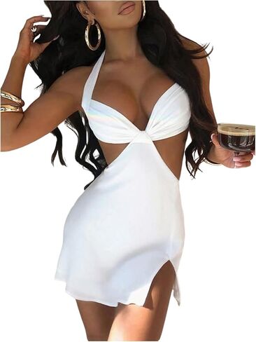 SOLY HUX Women's Tie Backless Halter Mini Dress Summer Cut Out Slit Party Dresses Vacation Outfits in Saudi Arabia