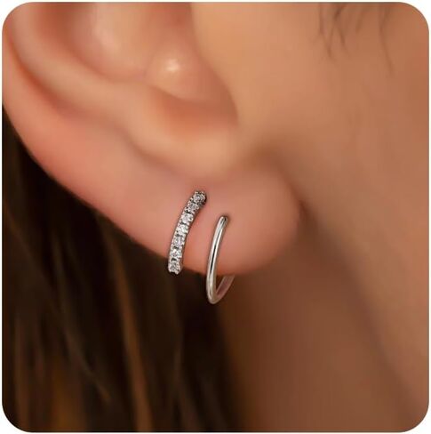 Gold Earrings for Women 14k Plated Gold Double Hoops Earrings Hypoallergenic Trendy Dainty Minimalis CZ Twist Threader Earrings Jewelry Gifts in Saudi Arabia