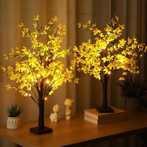 Baquler 2 Pcs Fake Forsythia Tree Lamp Artificial Yellow Flowers Tree Lamp Forsythia Stems Birch Tree with LED Lights Spring Artificial Stem Flowers for Easter Home Party Wedding Holiday Spring Decor in Saudi Arabia