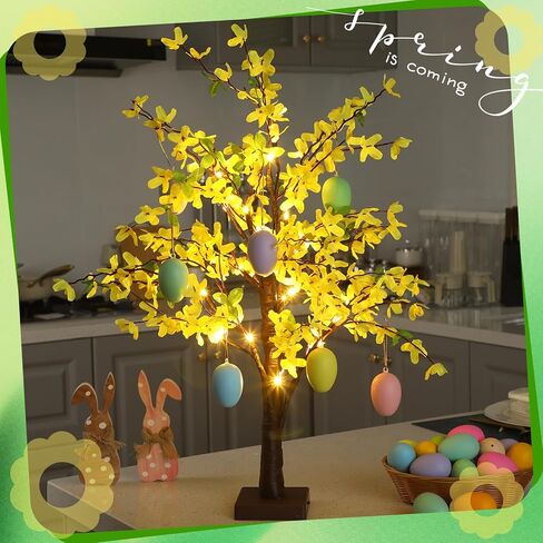 Baquler 2 Pcs Fake Forsythia Tree Lamp Artificial Yellow Flowers Tree Lamp Forsythia Stems Birch Tree with LED Lights Spring Artificial Stem Flowers for Easter Home Party Wedding Holiday Spring Decor in Saudi Arabia