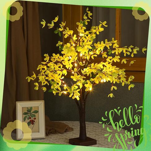 Baquler 2 Pcs Fake Forsythia Tree Lamp Artificial Yellow Flowers Tree Lamp Forsythia Stems Birch Tree with LED Lights Spring Artificial Stem Flowers for Easter Home Party Wedding Holiday Spring Decor in Saudi Arabia