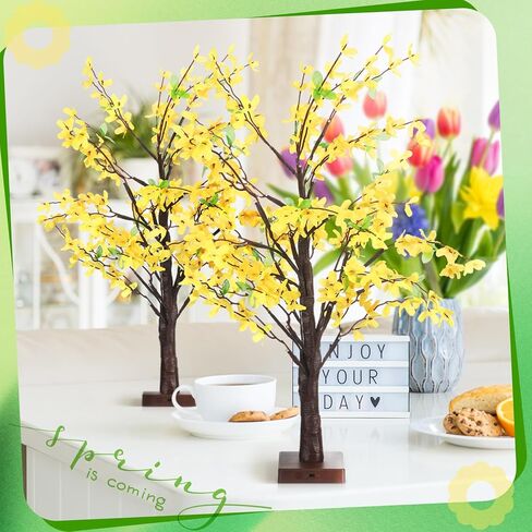 Baquler 2 Pcs Fake Forsythia Tree Lamp Artificial Yellow Flowers Tree Lamp Forsythia Stems Birch Tree with LED Lights Spring Artificial Stem Flowers for Easter Home Party Wedding Holiday Spring Decor in Saudi Arabia