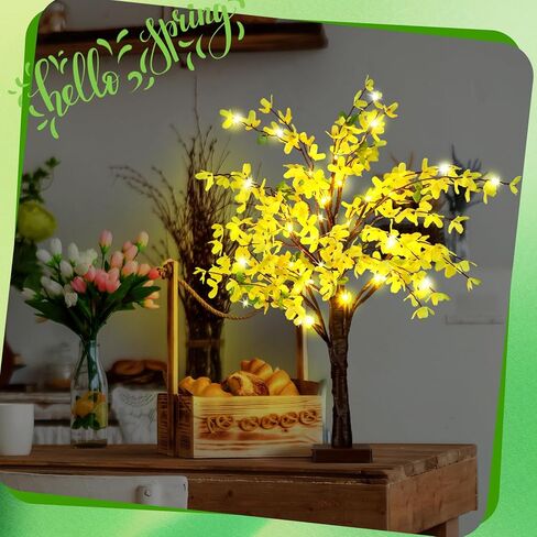 Baquler 2 Pcs Fake Forsythia Tree Lamp Artificial Yellow Flowers Tree Lamp Forsythia Stems Birch Tree with LED Lights Spring Artificial Stem Flowers for Easter Home Party Wedding Holiday Spring Decor in Saudi Arabia