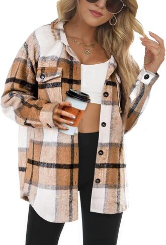 Lunira Button Down Shirts for Women Flannel Shirt Long Sleeve Plaid Shacket Fall Winter Blouse Casual Jacket with Side Pocket (Apricot, M) in Saudi Arabia