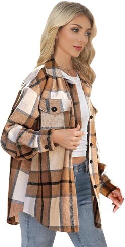 Lunira Button Down Shirts for Women Flannel Shirt Long Sleeve Plaid Shacket Fall Winter Blouse Casual Jacket with Side Pocket (Apricot, M) in Saudi Arabia