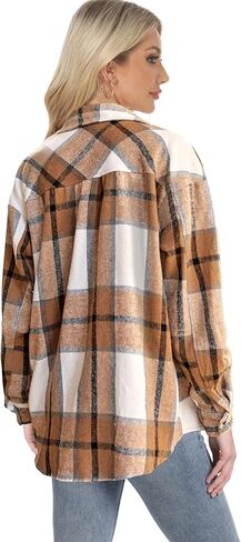 Lunira Button Down Shirts for Women Flannel Shirt Long Sleeve Plaid Shacket Fall Winter Blouse Casual Jacket with Side Pocket (Apricot, M) in Saudi Arabia